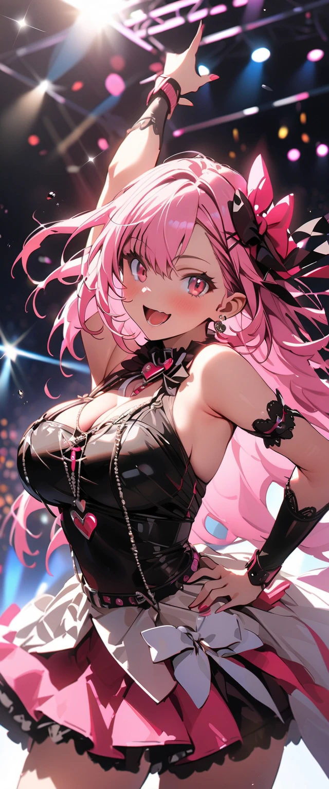 One Girl、Looking at the audience、
Beautiful pink eyes、Long pink hair、,Mole under the eye、Plump and glossy lips、Heart-shaped choca、Idol、Her name is Rico,smile、ー、。.。.。.。.。.。.。.。.。.。.。.。.。.。.。.。.。.。.3D、Realistic、
Idol衣装、Short skirt,Drape clothes、gem、The decoration has been removed、Floral、Lace trim,On a glittering stage、
masterpiece、highest quality、8k、Detailed skin texture、Detailed cloth texture、Beautifully detailed face、Intricate details、Very detailed、
超A high resolution、8k Ultra HD、Film Grain、Best Shadow、delicate、Gazing at the audience、front