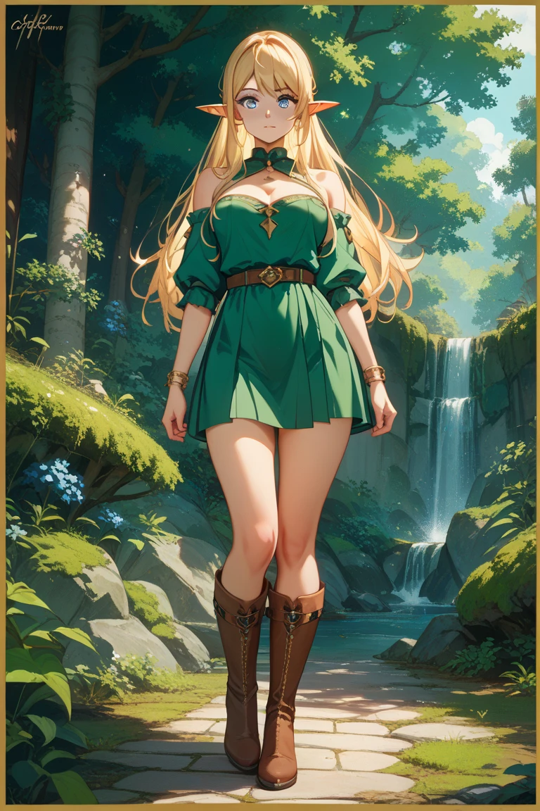 Masterpiece, Best Quality, 1girl, elf, Green eyes, blonde, (Standing:1.1), (woods:1.1), ass pov, Perfect eyes, hands at side, rivers, Portrait, full - body, Smile, Sandals with heels, Beautiful landscape, the trees