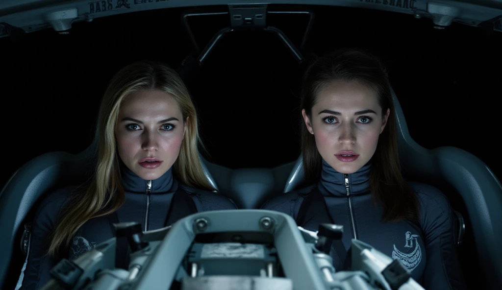 “Two futuristic female cyborgs with Russian-like appearances in the cockpit of a spaceship. They have long hair, large eyes, high noses, and wide mouths, seamlessly integrating mechanical and organic elements with sleek metal parts, glowing accents, and visible circuitry. Their primary color scheme is blue. The cyborgs are actively piloting the spaceship. The cockpit is advanced and high-tech, with three large windows showing the outside scenery. These windows are completely green to allow for chroma key processing later. The overall atmosphere is calm and inviting, ideal for a lo-fi music channel background.”

