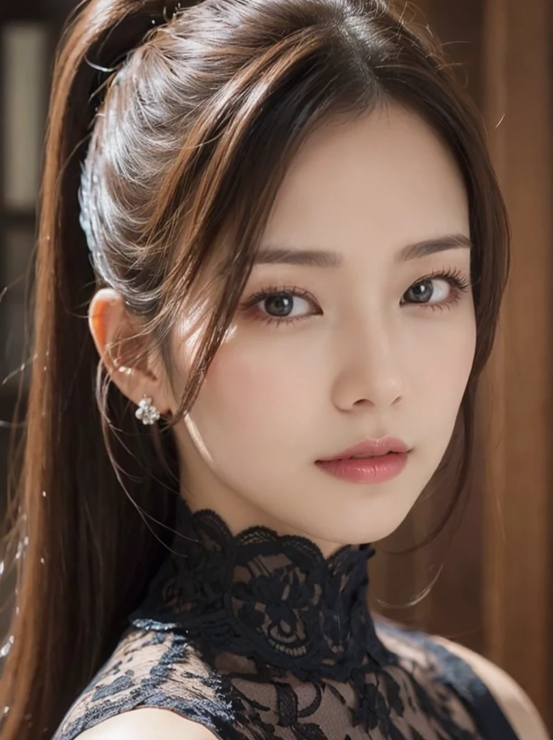 (extra large breasts: 1.6), (half body), very detailed and beautiful, masterpiece, highest quality, ultra high resolution, 16k, realistic, ultra detailed, 1 girl, forehead, dark hair, solo, ((very voluptuous glamor) ), Squinted eyes, dark eyes, sparkling eyes, black hair, gloves, dress, luxurious jewelry, earrings, piercing eyes, elbow grooves, hair tied up with hands up, random colored silk off-shoulder bra that clings tightly to the body, Silk short dresses in random colors, various and bold postures, long eye makeup, narrow eyes, smiles, lipstick, complex petal patterns, rim lights, backlights, pastel colors, studio lighting.