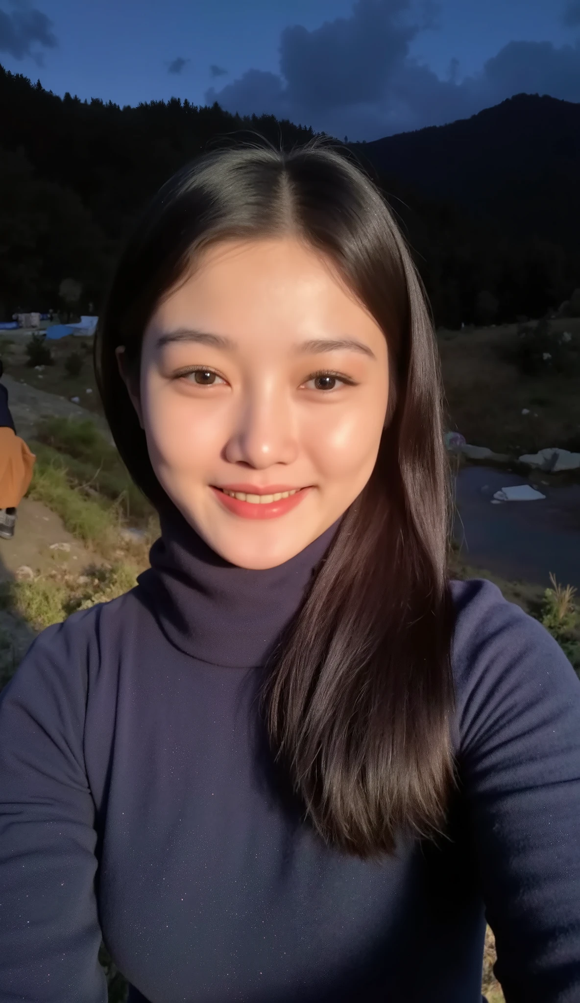 Melissa Benoist (( full body selfie , happy )), mahakarya, top quality, ultra-detail, Solo, outdoor, (night), mountains, Alam, ( Bintang , bulan) eyeliner , happy , ransel, sleeping bag , camping stove , botol air, mountain shoes , gloves , sweater, topi, lentera, hutan , batu, sungai, kayu, asap , shadows, kontras , bright sky, gaya , ( rona hangat , nada hangat : 1,2), close-up , cinematic lighting, side lighting, ultra high resolution, best shadow , MENTAH, upper body, wearing a sweater