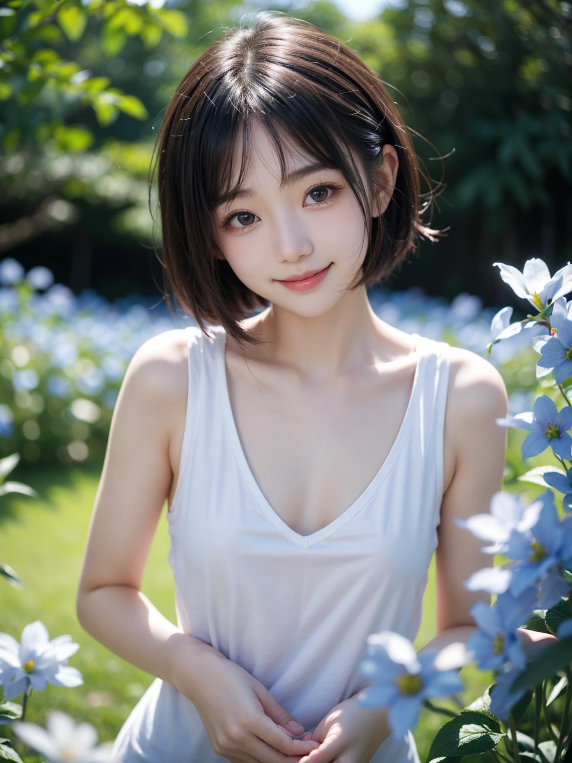 A japanese woman stands in a park where white clover blooms all around, a forest can be seen in the background, exquisite and beautiful face, exquisite collarbone, seductive and delicate collarbone, charming A japanese woman stands in a park where white clover blooms all around, a forest can be seen in the background, exquisite and beautiful face, exquisite collarbone, seductive and delicate collarbone, charming fragrant shoulders, shoulders slightly exposed, open-shoulder long sweater,sky blue sweater, pretty face, peach Red lips, tender and smooth skin,(white skin:1.6),black hair,(bob hair:1.2), short hair,(smile:1.2),smile with teeth, white teeth,realistic details, ultra-high resolution,bokeh,pigeon chest, full body