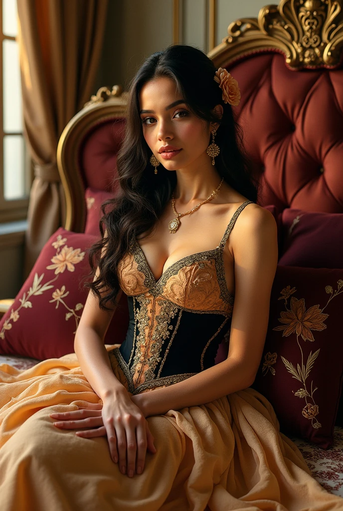 A Girl 18 years old of easy virtue, courtesan, moving in high society, leading a social life and being supported by rich and influential lovers, dressed in an expensive in golden corset, color stockings and a hat with a veil, no panties. Naked MirKer sits in an armchair, in a spacious bright room. Highest quality, masterpiece,( full body portrait:1.2). Painted in impressionist style, colorful explosion psychedelic paint colors, brushstroke painting technique, palette knife painting, an expressive oil painting, painting in the style of Pierre Carrier-Belleuse, large strokes
<lora:MirandaKerrv1.2:1>