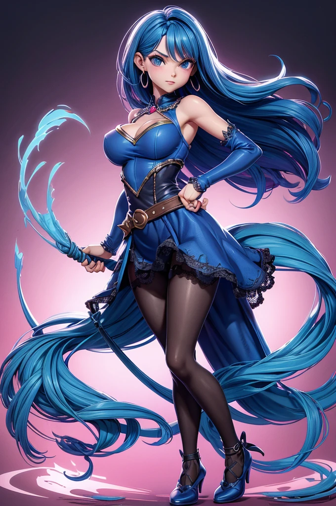 Ponytail, beautiful female warrior, approximately 20 years of age, with a perfect body and dressed in shiny leather elements? The character has dark blue hair with red highlights, tied in a horse tail, and holds a short sword in her hand. I would like the drawing to be done in any graphic convention that fits the character’s nature, wet skin, shiny skin, transparent organza flowing coat, photorealistic: 2.0. Shiny skin,