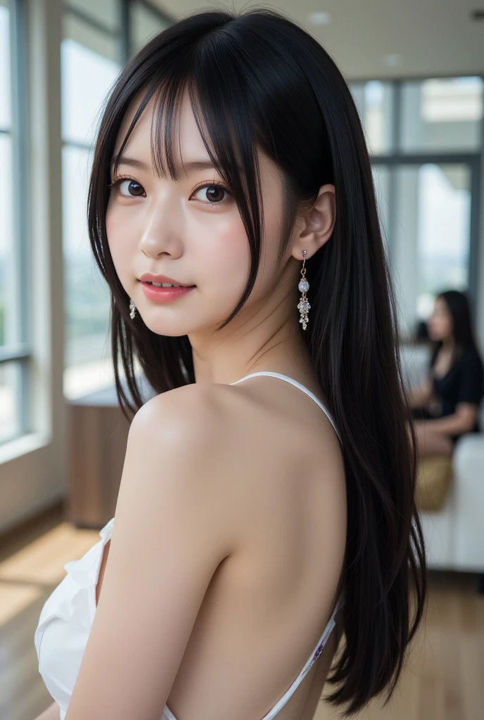 ((full bodyesbian)), ((Lori)), ((12year old)), masterpiece, top-quality, Raw foto, Photorealsitic、Aori Shot、unbelievable Ridiculous, beautiful a girl, High brand ultra-luxury dress with open chest、Glossy fabric、Half-up hairstyle、small brest、The look of joy when reunited with a lover、((Hide your mouth with your hands))、Hair fluttering in the wind、女優、On the red carpet、depth of fields, hight resolution, ultra-detailliert, finely detail, ighly detailed, extremely detailed eye and face, Sharp pupils, foco nítido, Cinematic lighting
