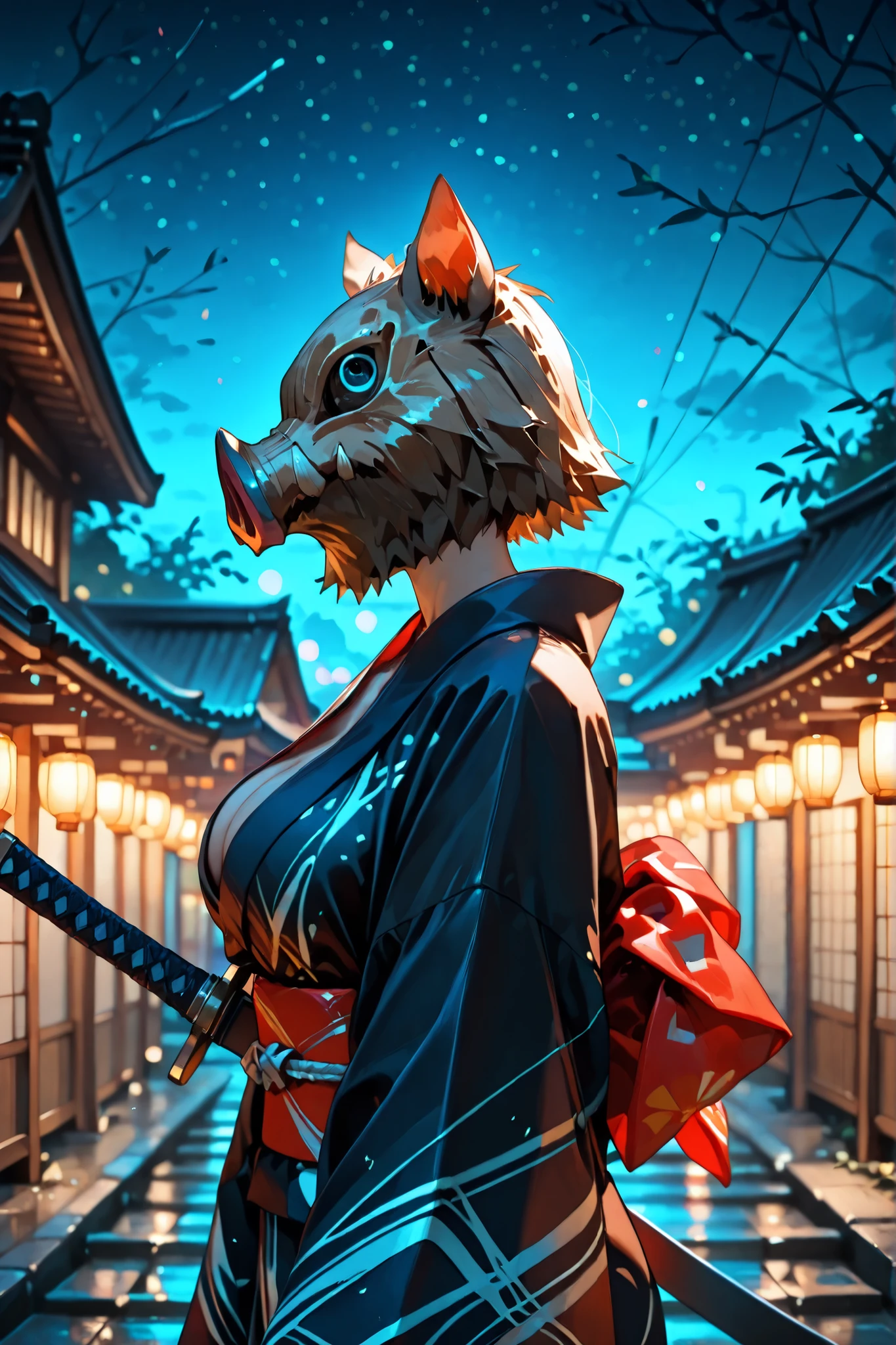 (SuperQuality:1.0) ~ (SuperQuality:1.2), detailxl, 1girl, High Resolution, Best Quality, High Details, Super Detailed, boar mask, a twin sword on her waist, night, cleavage, kimono, lean sculpted body, ((large breast)), ((no hair, covered face)), side view,