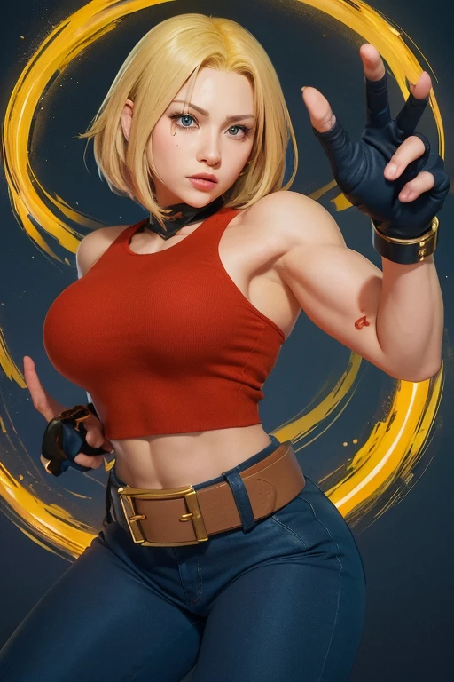 animetoreal,soft light, masterpiece, best quality,realistic,photorealistic,1girl,,blue_mary(fatal_fury), snk, the_king_of_fighters, 1girl, bare_shoulders, blonde_hair, blue_eyes, short_hair, bob_cut, sweat,crop_top, fingerless_gloves, large_breasts, midriff, navel, red sleeveless_turtleneck, blue denim pants, belt,sexually_suggestive, handjob_gesture,in a plaza,blur background,background defocus