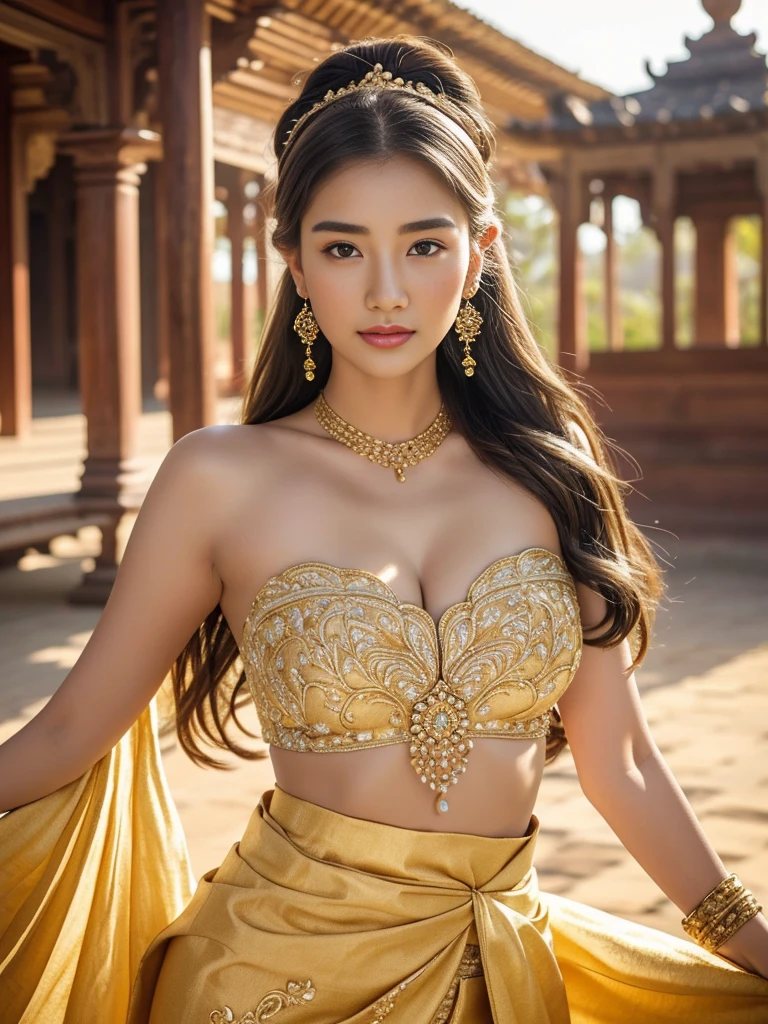 (colored picture), Photo realistic of beautiful asian,  medium breast,((A beautiful girl in the guise of an ancient warrior, adorned with powerful armor, holds a radiant weapon in her hand, creating a strong and captivating image. The scene is set in an arena with a large audience, captured in high-quality photography.",  As she confidently posing for camera, , the background is a blur of motion and ((bokeh)), with light streaming from right to left. a sense of connection to the viewer, full body.