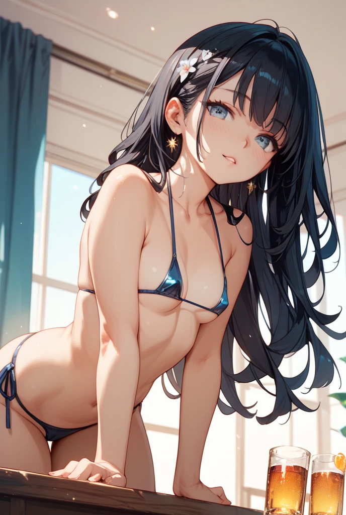 ((highest quality)), ((masterpiece)), (be familiar with), perfect face、long black hair、beautiful girl、blush、naked、drenched in sweat、happy look、small breasts、slender、Outstanding style、cowboy shot、I&#39;m spreading my arms towards you