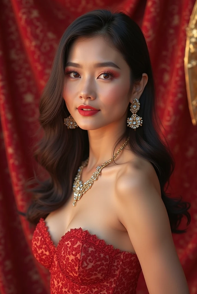 (8K分辨率,Photo),(alone ,20yr old,(Facial features of thai Min:1.8,Thin skeletal cheeks,s delicate face),com rosto detalhado,Lovely face,com rosto detalhado,详细的脸,Ultra-fine makeup,Black colored eyes,(looking to the camera),Long dark red hair,(Messy hair layers),Redlip,Fair ,(Best Skin Type:1.21),big breasts,((Ancient Thai women's clothing,Delicate shawl straps,Luxury ladies' tube dresses),A small number of flower hairpins,Luxury necklaces and bracelets),Tall and tall,perfect hand,Ultra-fine clothing material),(party,banquet,tropical treequisite environmental detailhilarated,confident smile,Rejoice,intimacy),(profesional lighting,动态照明),((Strong color contrast,Noble and sexy,elegant(golden colored,red colour,In pink))),(Golden section,Dynamic shots,Hasselblad photograp,tmasterpiece:1.3),(Noble temperament,mistic,Fashionab,trendsetting,Artis,Art platform, thighs