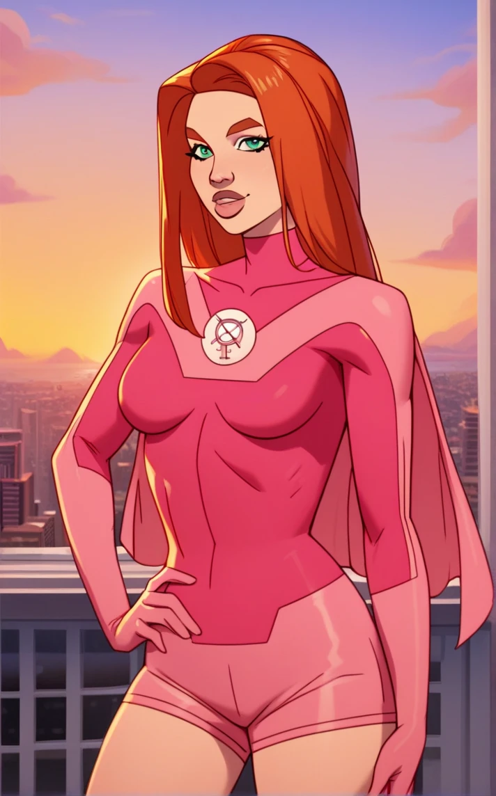 eve,green eyes,orange hair,
pink bodysuit,long sleeves,white insignia,cape,
standing,smile,hips,
outdoors,tree house,dusk,
(insanely detailed, beautiful detailed face, masterpiece, beautiful detailed eyes, best quality),<lora:AtomE-10IV:0.8>,