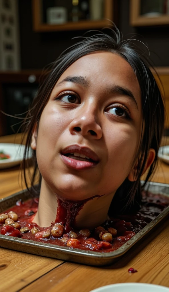 decapitated female head on a plate, covered in flesh, , ((eyes closed)), served like a food dish, bloody, photorealistic, 4K, Nikon, horror
