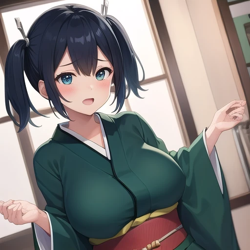 1 Cute naughty Assassin girl, Pastel colors hair, medium breasts, (Thighs, fishnet pantyhose, ninja costume, dark blue kimono, big kimono obi, knotted string, sleeveless, glove), short hair, (dark blue hair:1.2), (naked:1.3, cleavage), (forehead:1.2, bangs pinned back, asymmetrical bangs, hairclip, side ponytail:1,2), standard height, (Serious, Large eyes, yuruyuri), at the adventurer's guild, A bulletin board with posted paper