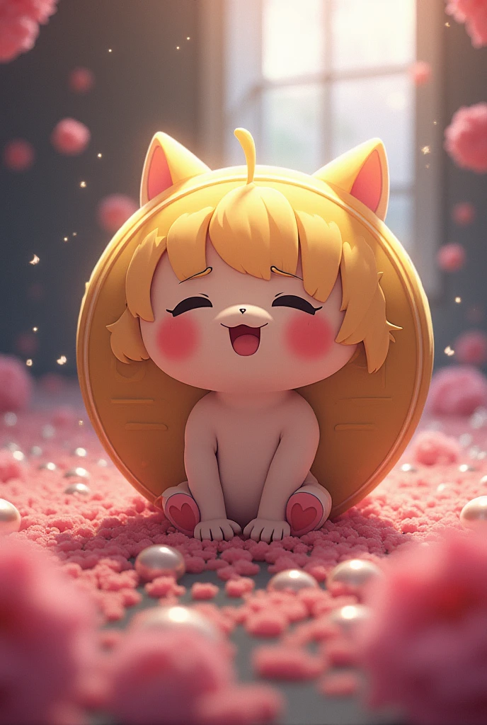 A super cute yellow slime with ultra-detailed features, set against a pink background.