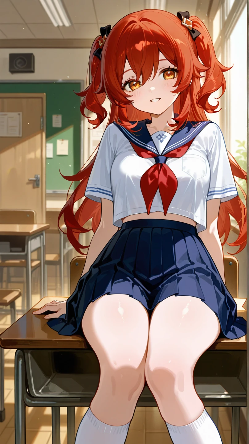(masterpiece, best quality:1.2), (tsurime:1.2),
(Face focus, face close-up, Close-up face:1.2), tsurime, 1 girl, Soryu Asuka Langley, alone, blue eyes, uniform, looking at the audience, long hair, looking back, tokyo-3 middle uniform, Orange hair, white shirt, from behind, shirt, short sleeves, shut your mouth, Bangs, one side up, stairs, feet beyond frame, white socks, suspender skirt, 蓝色skirt, blue skirt, Outdoor sports, skirt, hair accessories,