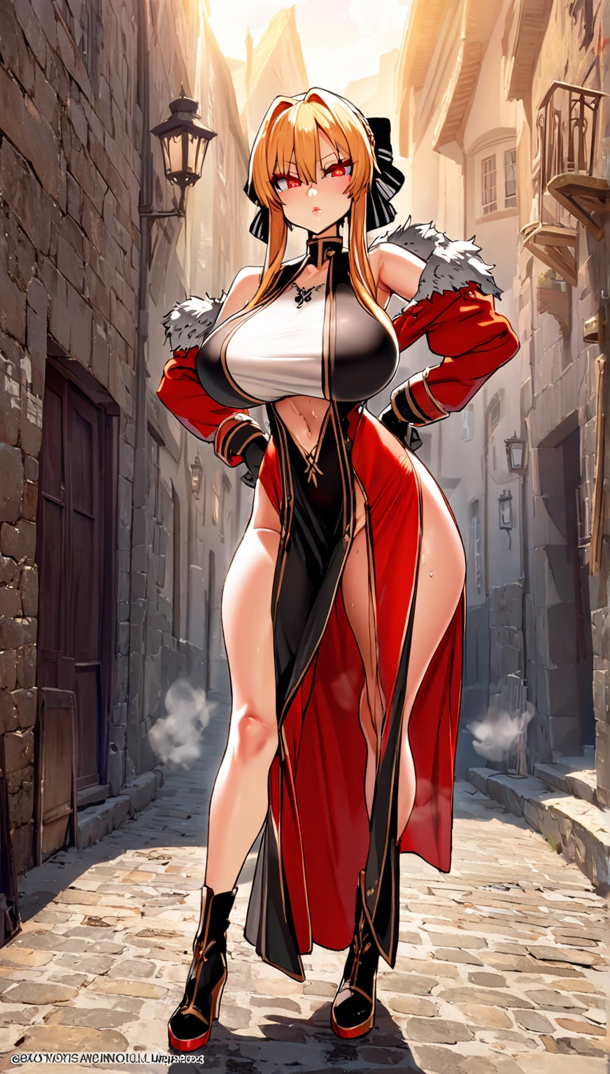 Roxanne Demin kin 1girl, solo, medium breasts, Body position: Standing, straight, symmetrical, barefoot, Lustful smile on face with red blush, fluffy ears, dog ears, blonde hair, bikini armor venus body