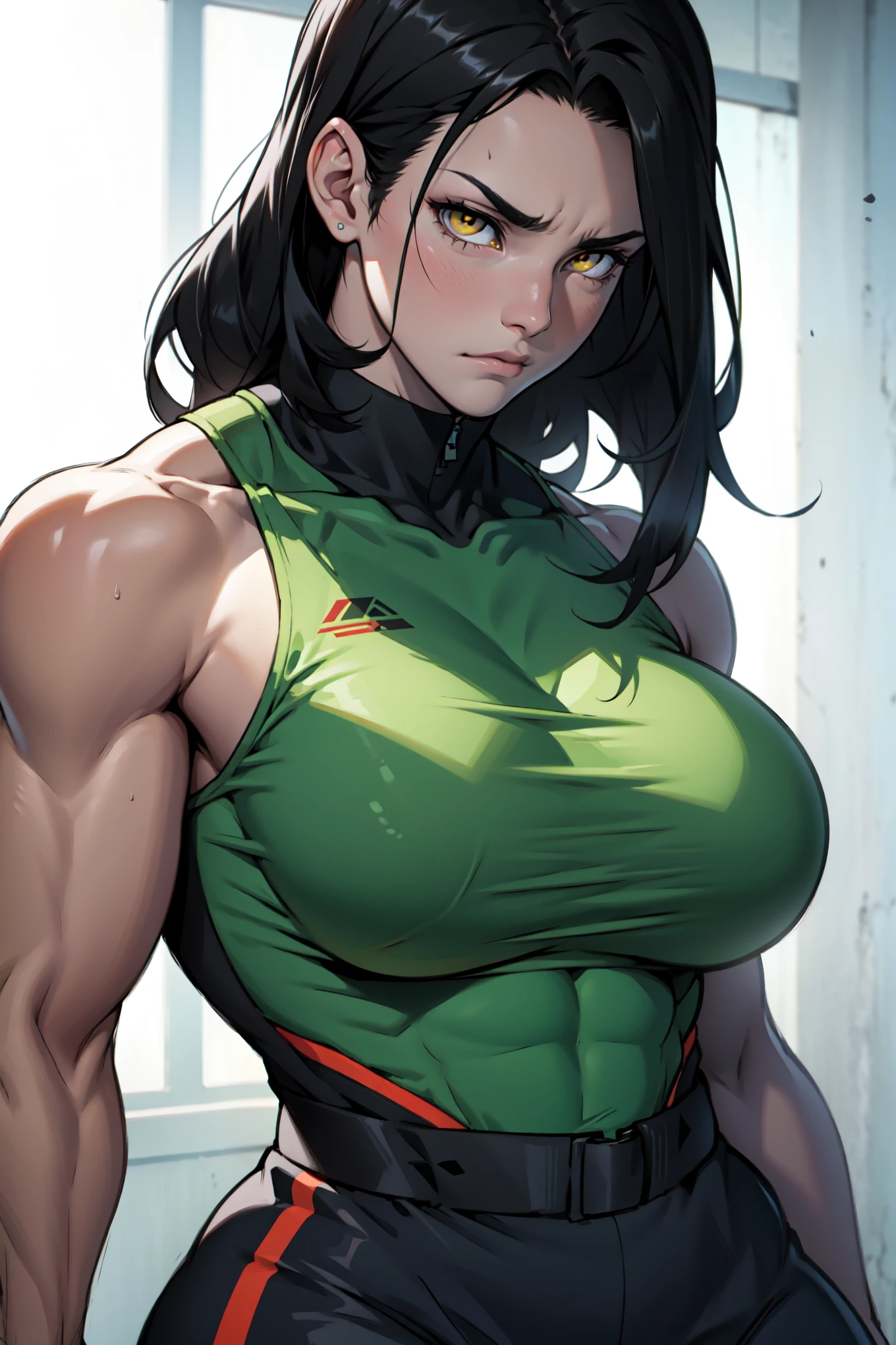 empty eyes embarrassed girl female huge breasts breasts pale skin 1girl muscular toned body huge breasts thick thighs black hair yellow eyes bodybuilder
