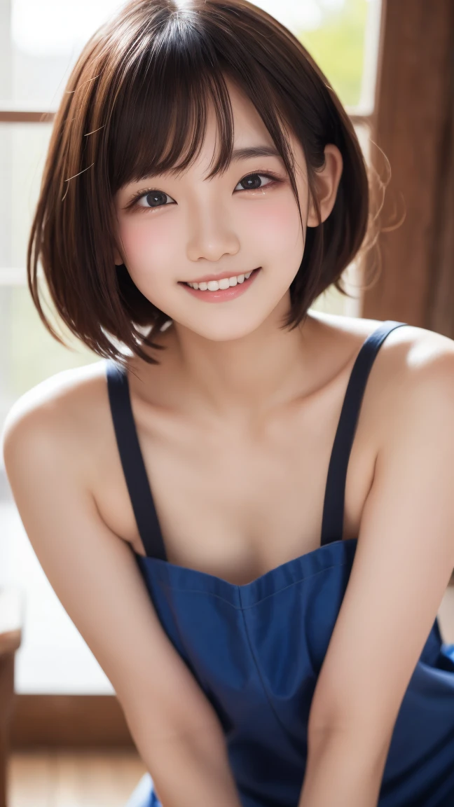 Best-quality, Masterpiece, Ultra-High-Resolution, (Photorealistic:1.4), Raw-Photo, Extremely-Details, Perfect-Anatomy, 1girl, the most popular Japanese idol, innocent smile, extremely cute childish-face, extremely beautiful big black solid circle eyes, extremely beautiful black short cut haired, extremely beautiful realistic skins, extremely beautiful lips, extremely beautiful long eyelashes, extremely beautiful teeth, extremely beautiful childish-body, extremely beautiful skinny-thighs, dynamic-pose