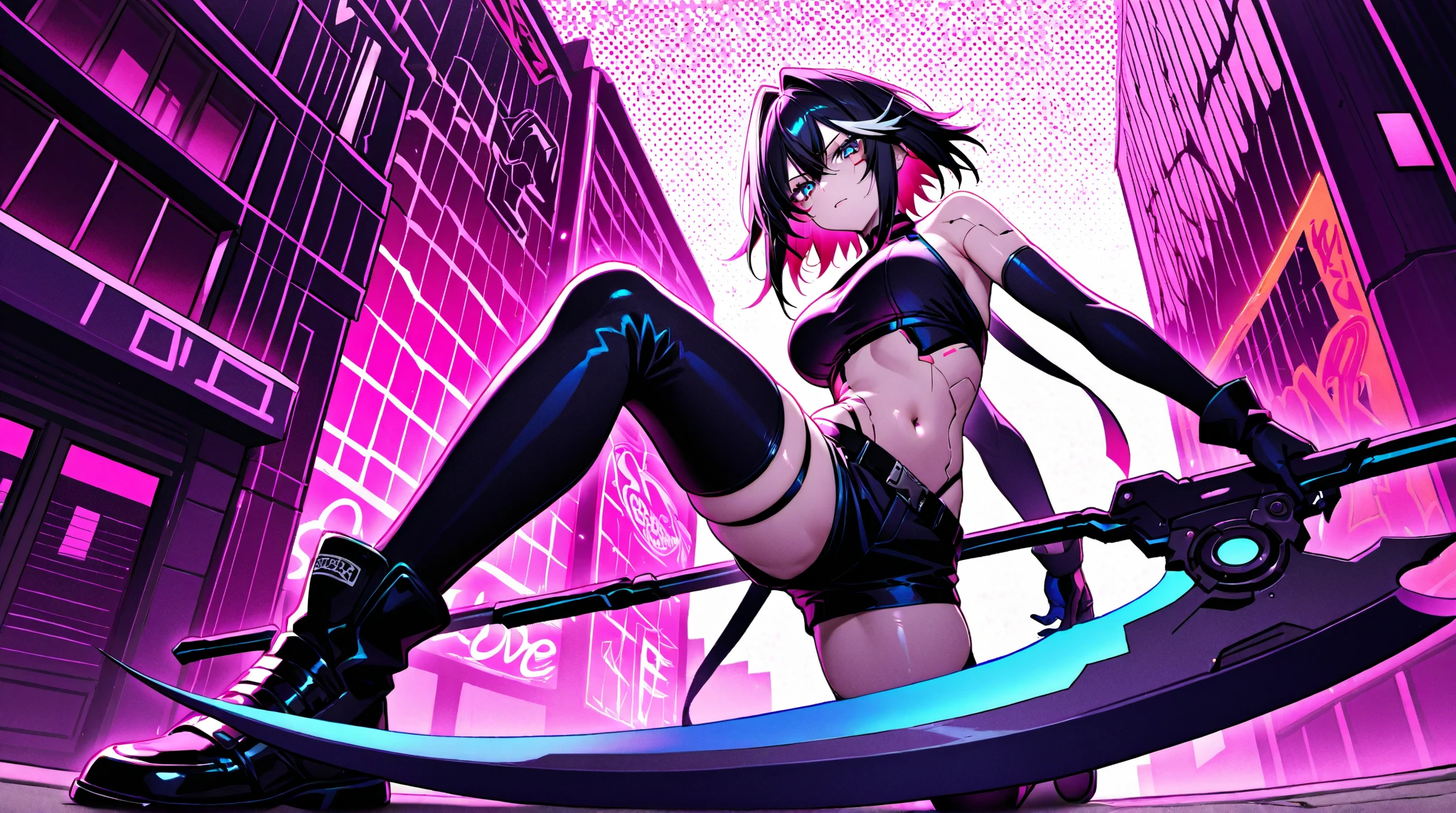 1girl, black hair,, glasses, goth, choker, 3d render, white shirt, off shoulder, cyberpunk, neon lights, opalescent, horror_\(theme\), headphones, belts on crop top