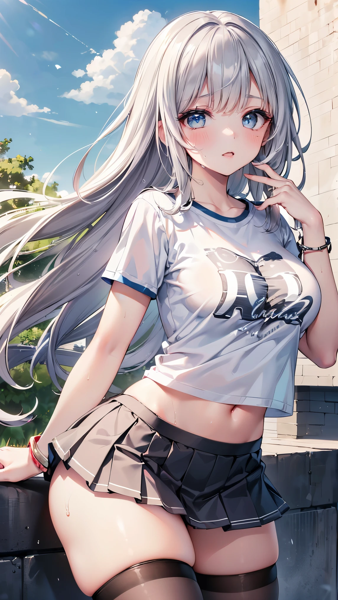 White hair，Long hair，Bangs，Bangs整齐，green hair band，Gray eyes，girl，cute，laughing expression，Short sleeves with exposed shoulders，jeans，Navel，Wearing sneakers，Standing on the ground，whole body，Don't show your arms，Background is hydrangea，Lots of hydrangeas，many clouds