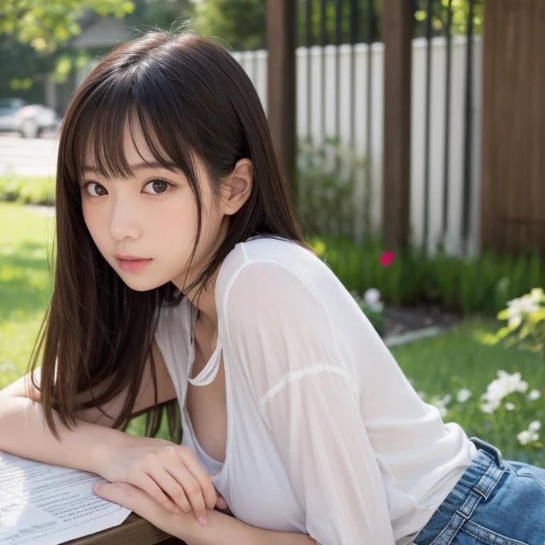 ((Best of the highest quality, 8k, Masterpiece: 1.3, raw photo)), Sharp focus: 1.2, (1 AESPA girl: 1.1), (Solo: 1.18), (realistic, photo-realistic:1.37), face focus, cute face, finely eyes, (Small breasts, flat chest, Thigh: 1.3), (business suit skirt: 1.2), short messy hair, updo, (Roll up the skirt: 1.2), (Lift skirt hem), (Lifting skirt while sitting to show off panties to us: 1.4), garden, flower,