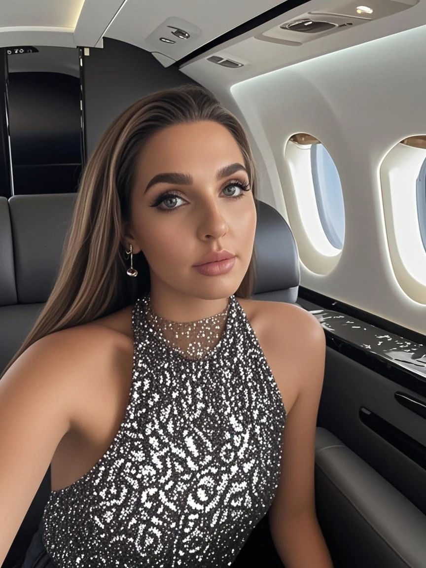 A photo of Sienna sitting in a luxurious private jet,original,Sienna James, a glamorous icon who first entered the public eye through a sensational scandal, now shines as a global sensation and a social media mogul. Her appearance is the epitome of high fashion and allure, with long, flowing ebony hair, a striking, meticulously crafted visage, and a wardrobe filled with the latest designer trends.