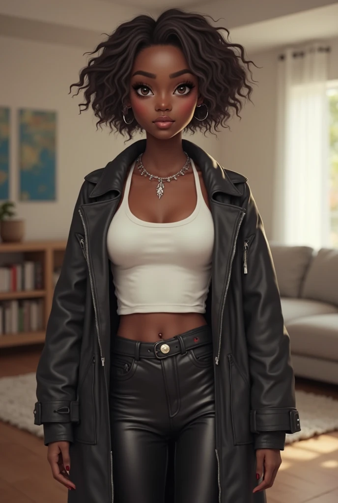 (detailed), (((normal girl))), (Arabic characteristics), ((brown sheepskin jacket)), ((pelo negro rizado free hair)), ((free hair)), (calm face), ((by the width)), ((black high boots)), (((whole body))), ((in the middle of the city leaning on a building), ((women)), (black turtleneck sweater), ((only one person)), (At noon), (((exposed crotch))), ((vagina visible))