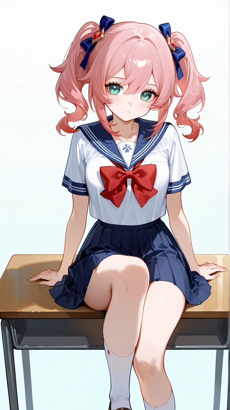 ((highest quality)), ((masterpiece)), (Super detailed), Pink Hair,Sailor suit,Short skirt,(bad),Spread your legs,Squat,Underwear that's stuck,Shiny underwear, from below,(Socks up to the knee),Black socks