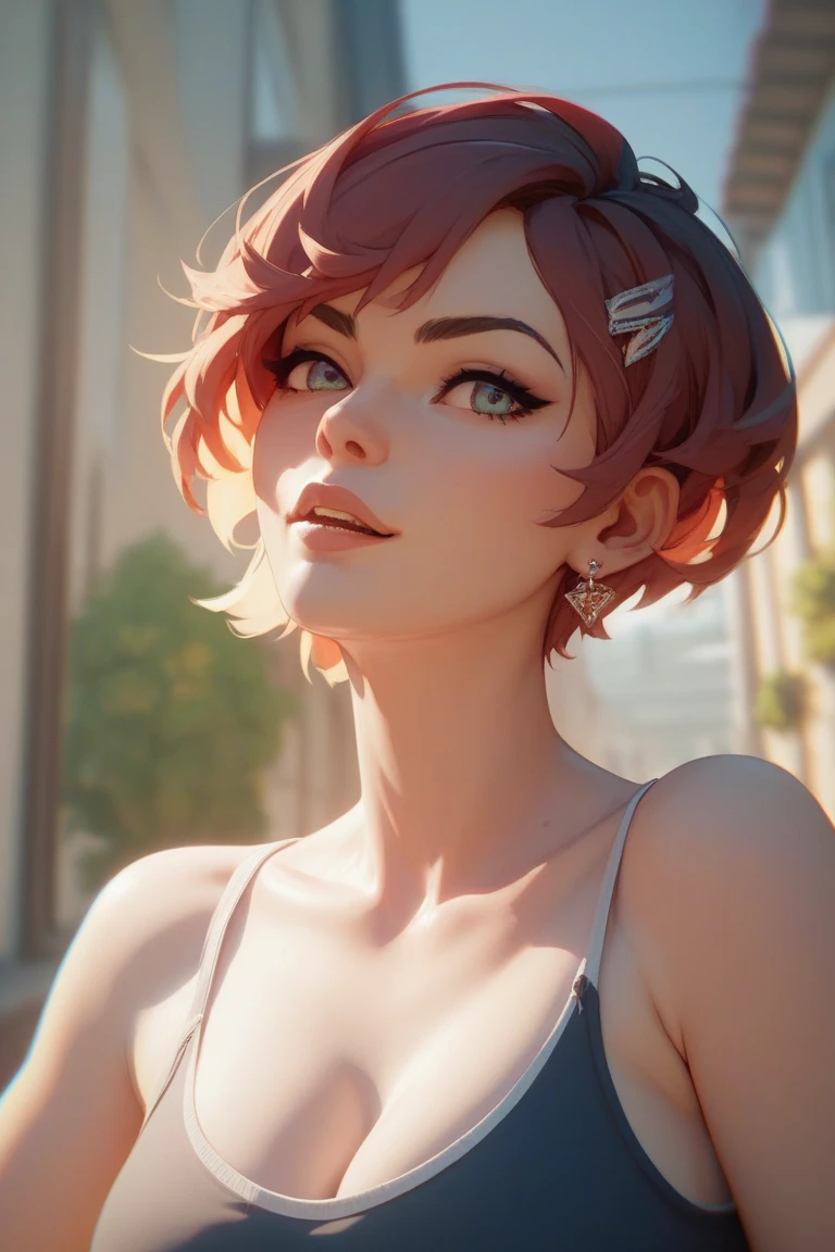 ((best quality: 1.5)) ((masterpiece: 0.8)), intricate details, sharp focus, professional, real life, realistic representation of the face, dynamic pose, in the style of realistic and hyper detailed renderings BREAK ((detailed women, ((shiny red lips, bedroom, bed, (soft loose pink shirt, sweatpants, (goth dark makeup, albino skin), [purple hair:blonde hair:0.5])), (bob hair, [flat chest:medium breasts:0.5])), smiling, playful), freckles: 0.6), photorealistic, hyper-realistic, 8K