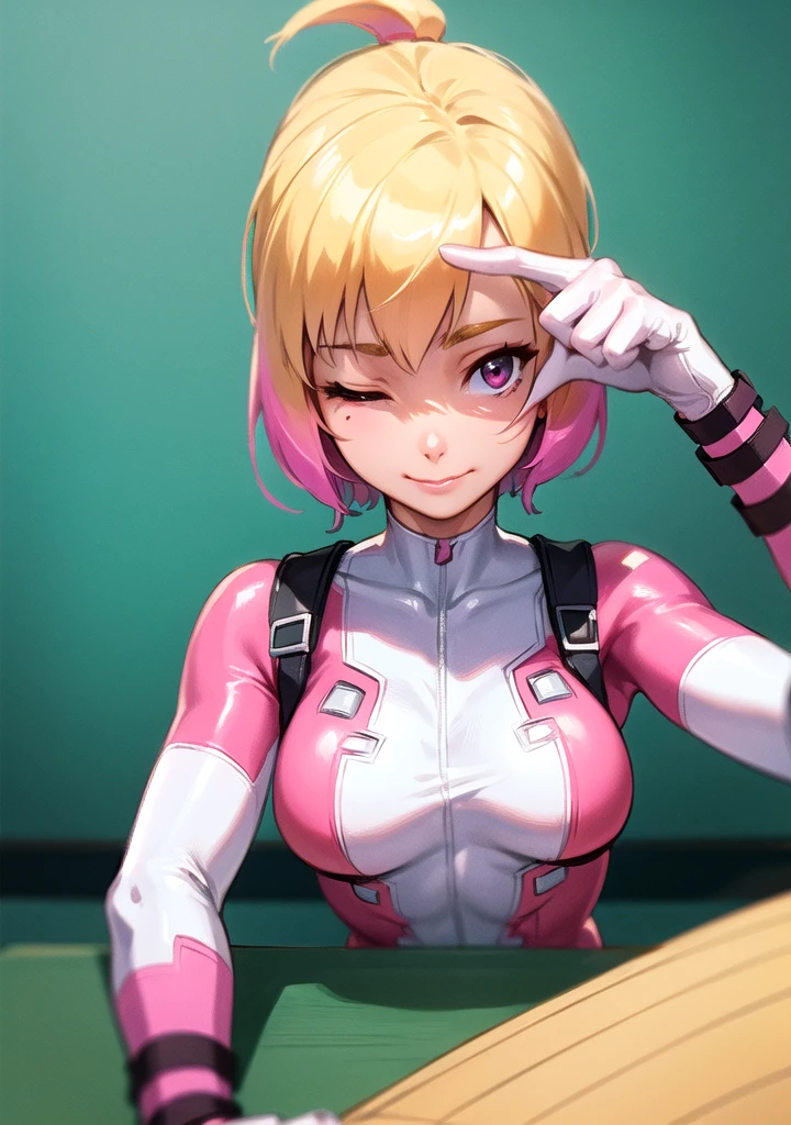 masterpiece, best quality,1girl, <lora:cheekpinching-12:1.2>,cheekpinching,cheek pinching, holding,upper body,one eye closed,looking at viewer,pov,<lora:Gwenpool:0.6>,gwenpool, bodysuit, two-tone hair,looking at viewer