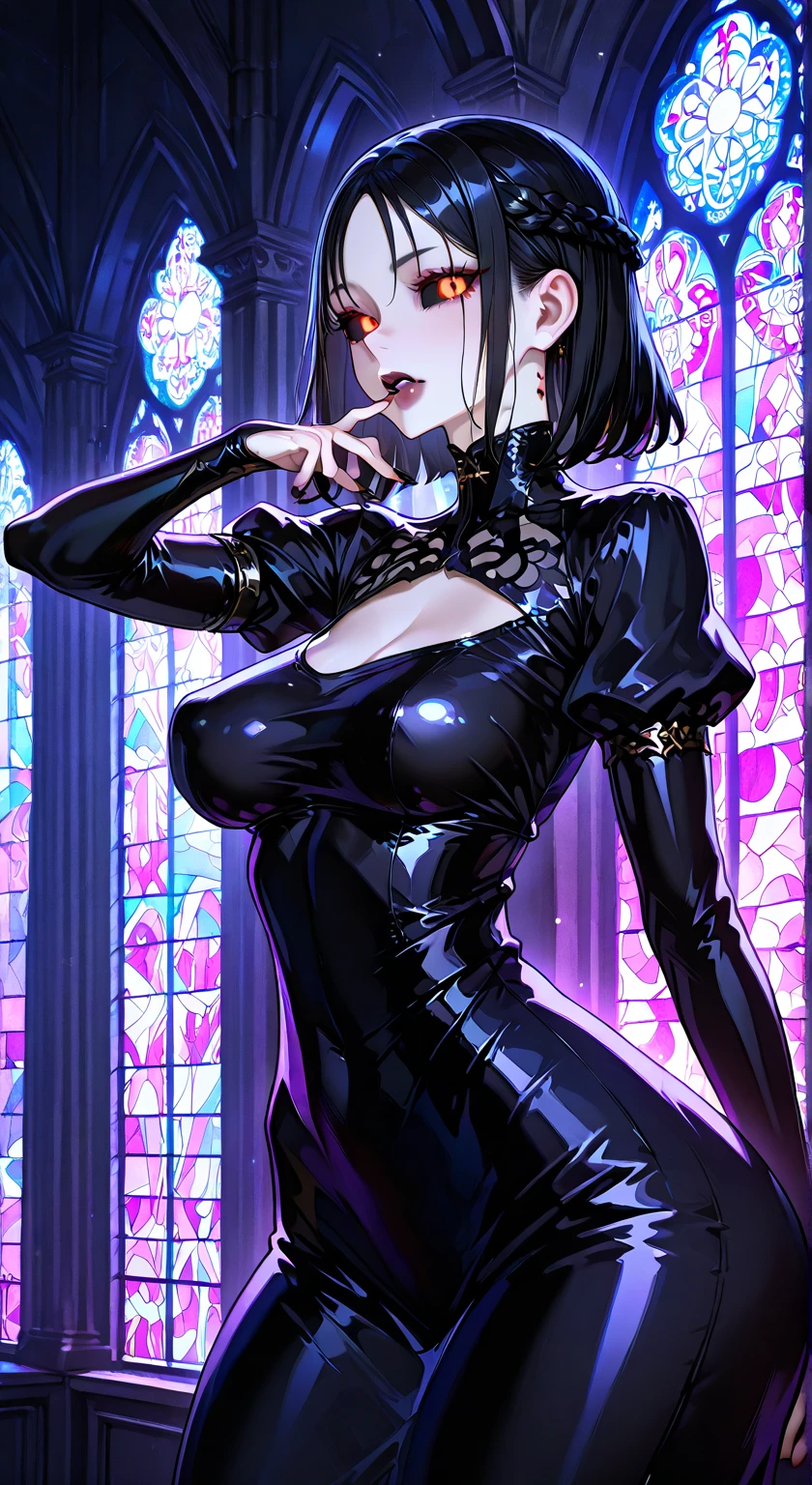 (Masterpiece) (High Detail) (High Res) (white Skin) (アニメ) (Full body picture) beautiful young, gigante breasts, goth style, Gothic style, gothic clothes, black leagwear, bruncos, cross necklace, Grinning, looking from the front, black short hair