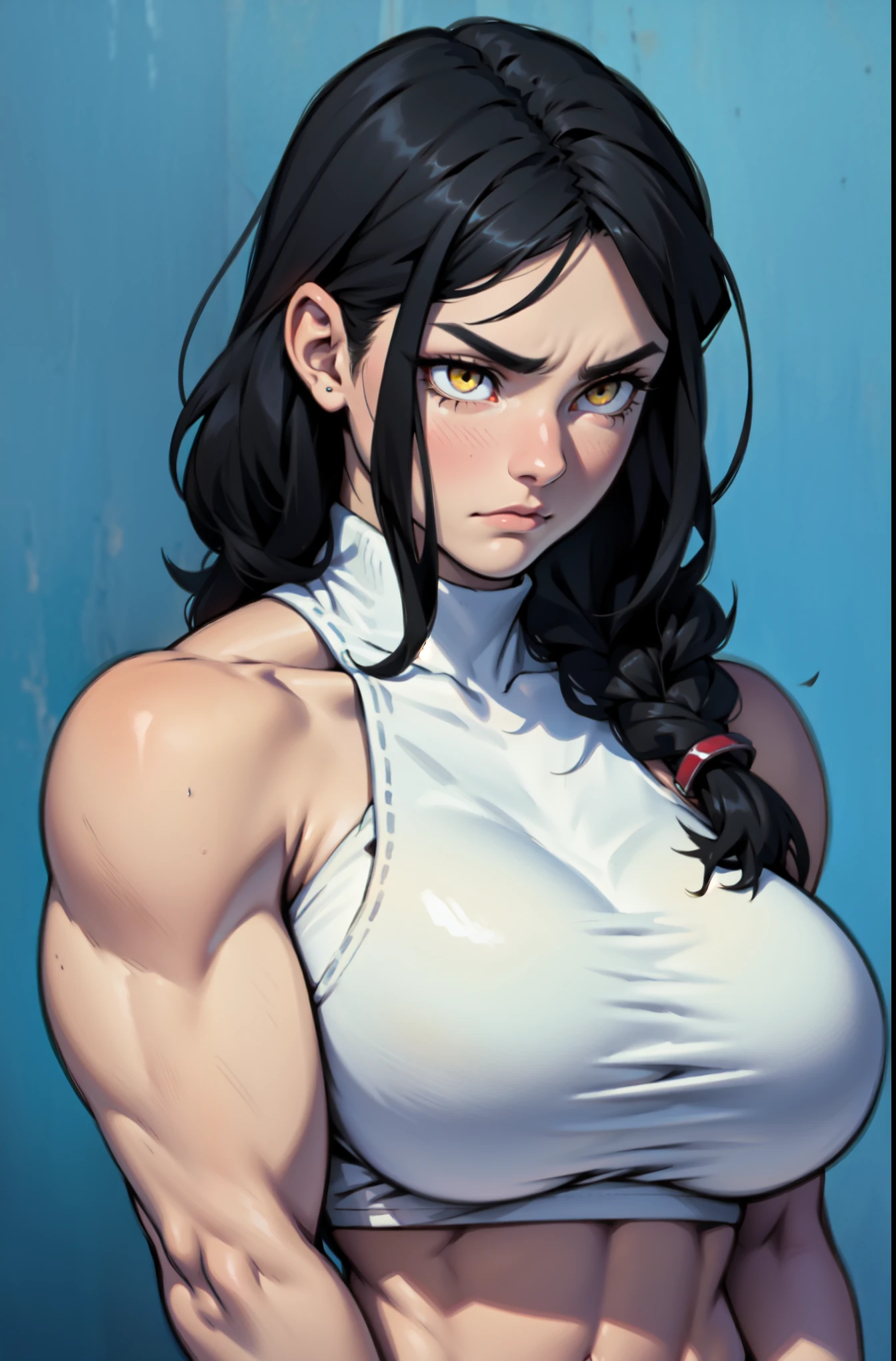 (((((girl))))) ((((muscular)))) ((breasts toned body thick)) sad black hair yellow eyes pale