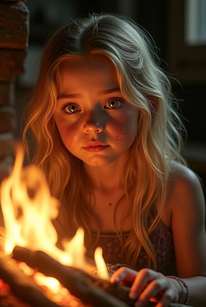 Create an engaging image for my fantasy book cover. The scene takes place at night, illuminated only by the light of the flames. En el centro de la imagen, a 15 year old Swedish blonde girl with straight hair crawls trying to get to a river. in background whith, a little far away, a fantasy medieval house burns in flames, throwing ashes and flames that fall dangerously towards but don't hit her. The atmosphere should be epic.