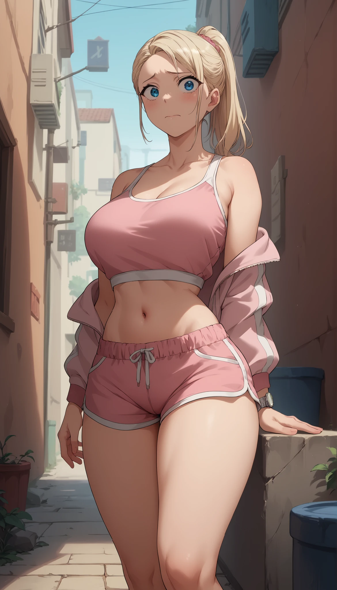 Kurashiki Reina,
最high quality, masterpiece, Highly detailed, high quality, high resolution, girls, Blonde, ponytail blue eyes, beautiful , beautiful and perfect face, nervous, Watch your viewers, Pink gym wear, pink shorts , pink sports jacket, collarbone, exposed legs, Big breasts, belly button, big butt, curved body, throw, close-up, from before, Full Body, Sitting on a branch, Standing, lean forward, at alley, Back Alley Night