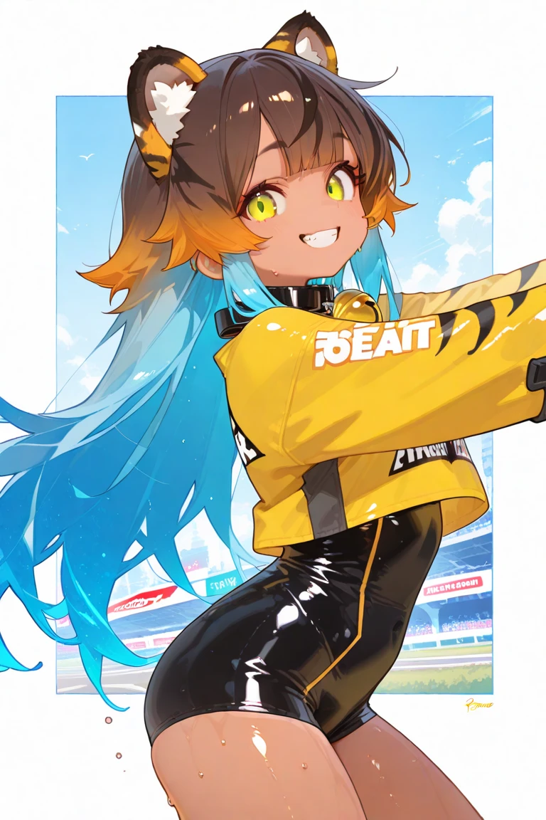 (highres:1.2),solo,girl with fox ears,smiling,back turned to the viewer,big butt,Slacks,sporty clothing,soccer field,diamond,multicolored hair,multicolored eyes.