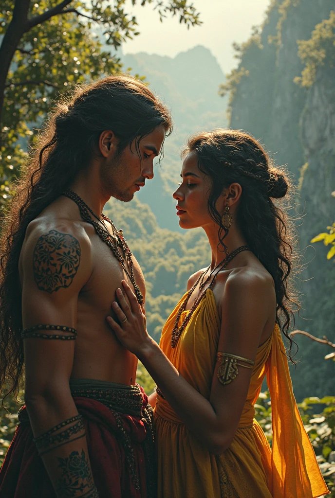 full lenght hiper 4k Think of it as a movie poster. In the Night Breeze, full length, a handsome, gentle young man, 25 years old, long black hair tied halfway down his head, no shirt, wearing a white and gold loincloth, and a beautiful, gentle young woman standing in front of him in a light blue Thai tube top, wearing a blue and gold sarong, a white and gold shawl, wearing blue jewelry, of a waterfall and mountains, sparkling light. 3D image, oil painting, sharp image. Art image of Ajarn Chalermchai.