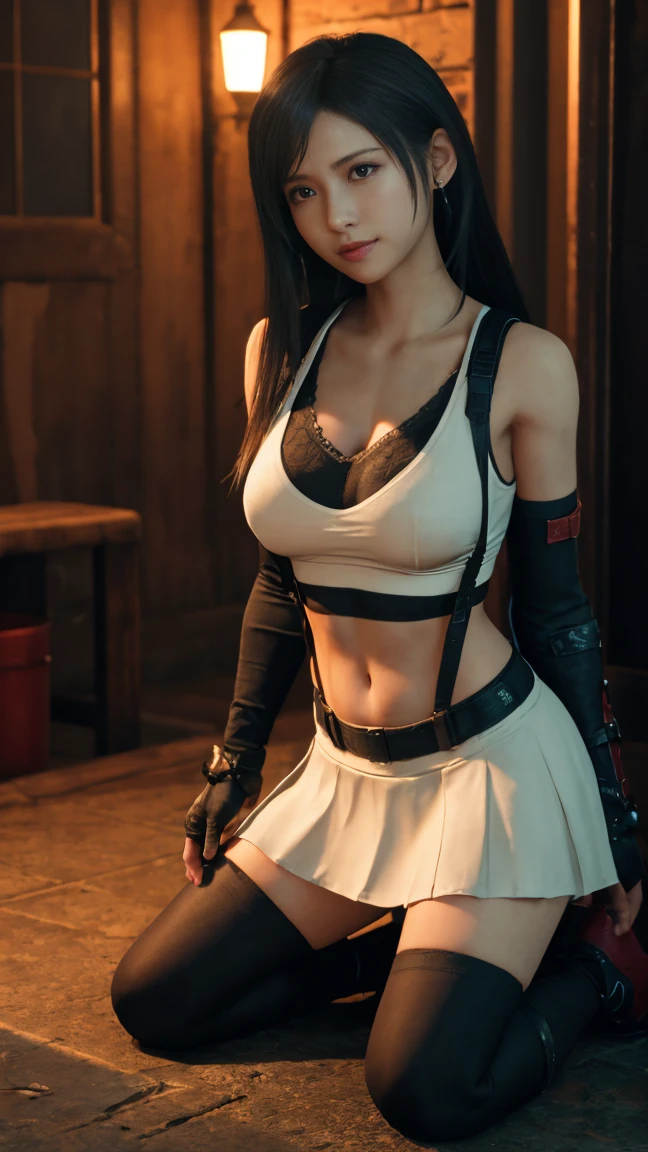 Unreal Engine 5 Realistic Render, (masterpiece, best quality), intricate details, ((Best quality)), ((masterpiece)), ((realistic)), (hyperrealism:1.2), (fractal art:1.2),
1girl, tifa lockhart original costume, white crop top, arm guards, fingerless gloves, suspenders, pleated miniskirt, black thighhighs, red boots
extreme detailed eyes, colorful, highest detailed,
vibrant colors, high contrast,
(8K UHD:1.2), (photorealistic:1.2), beautiful face, top body is hyperrealistic thicc muscle and hyper largest_breasts!! with the type of boobs_melons, lower is huge buttocks, wet shiny body