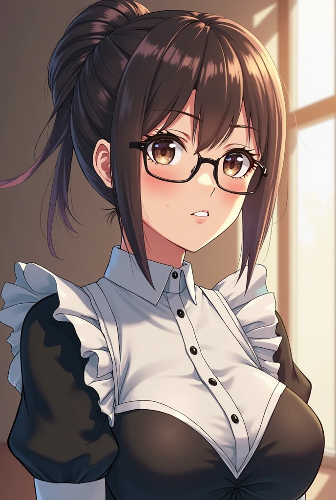 (Maid Costume),(1.woman, alone),(((Highest quality))),((Very detailed)),((((reality)))), reality的:1.37, (Ultra-realistic), (High resolution), (Very detailed), (Very detailed細壁紙), (detailed aspects), (Beautiful expression), ((詳細 Highest qualityのスキン:1.2)), ((Reddish cheeks)), (Very detailed細な背景, Detailed Background), Perfectly accurate anatomical shape、All limbs、Full Finger、1 美しいwoman,、Sweat、Slender beauty、Long Hair、ponytail、Straight hair、Brown Hair、((Glasses,Black Half Stockings、Slim body)),