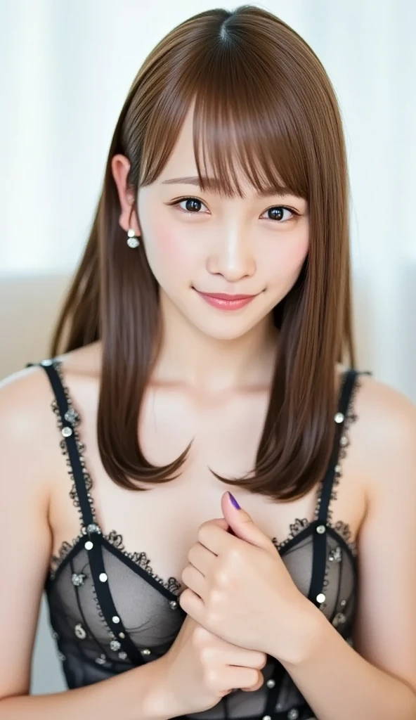 8K、Highest quality、（beautiful）、Precision Eyes、Brown Hair、looking at the camera、Upper Body、Close-up、Soft Breasts、smile、Shot from above、fancy mini dresses