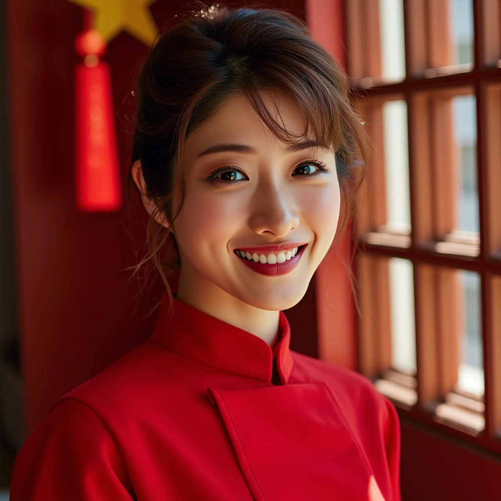 Japanese cute girl wearing red cheongsam, red braided ponytail hair, Double teeth are visible, She smiles mysteriously as if enjoying the embarrassment, (((huge breasts))), (((realistic))), (((High resolution))), (((anatomically correct)))