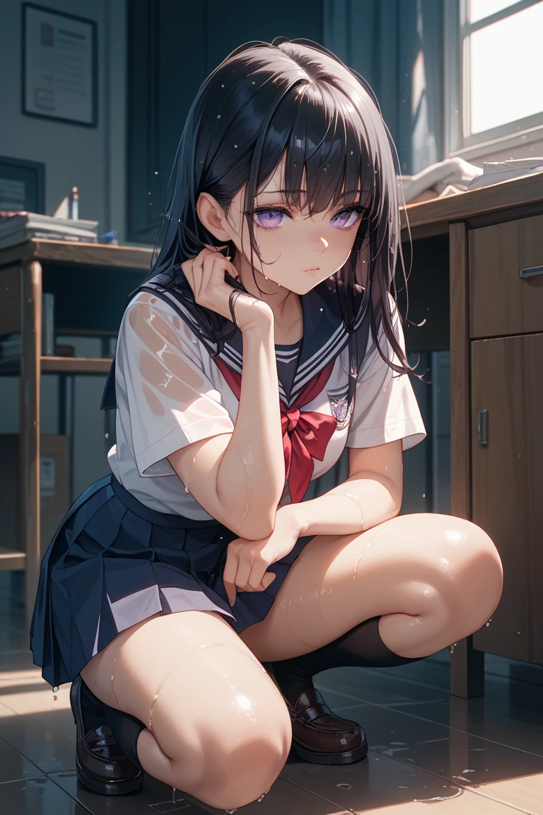 (Photorealistic:1.5), (​masterpiece、Highly detailed 8K CG、Sharp lines:1.2)、hi-school girl、A dark-haired、thighs thighs thighs thighs、Beautiful anime 、Smooth Anime CG Art、Beautiful anime 、Beautiful anime girl, (10year-old beautiful girl:1.4), Detailed skin, (gleaming skin:1.7)、short-hair、Beautiful black hair、brown Eye、(many streaming sweat:1.2), (flat chest:1.8), (pigeon toed), (gaunt:1.7), (latex student clothes:1.7), (a sailor suit:1.6), (Dark blue pleated skirt:1.6), (full body:1.4), solo, (one girl:1.4), standing, (looking away1.3), (from below:1.5), Inside the classroom, (blush:1.5), (anguish:1.4), (spread legs:1.4), open mouth, (Lots of clear drool overflows from her mouth and drips from her chin.:1.5), (half closed eyes:1.3), (Sweat pouring from her pubic bone:1.4), (crying:1.4), (leaning forward:1.4), (many Tentacles clinging to her:1.5), (Tentacle under clothes:1.5), (short sleeve:1.2)