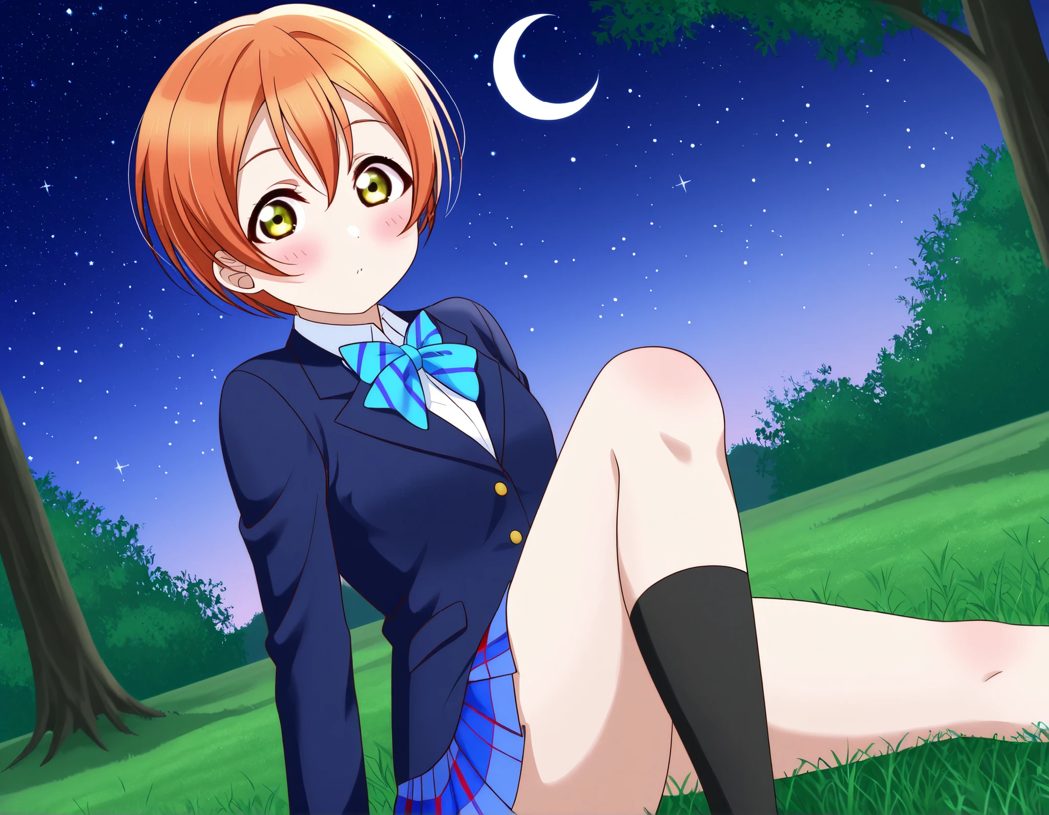 1girl, hoshizora rin, striped, short hair, blush, otonokizaka school uniform, lovelive_rin black blazer, blue plaid skirt, blue stripe bowtie, orange hair, very short hair, hair between eyes, yellow green eyes,knee up,crescent moon, stars (sky),looking at viewer,outdoors, sky,grass,tree,