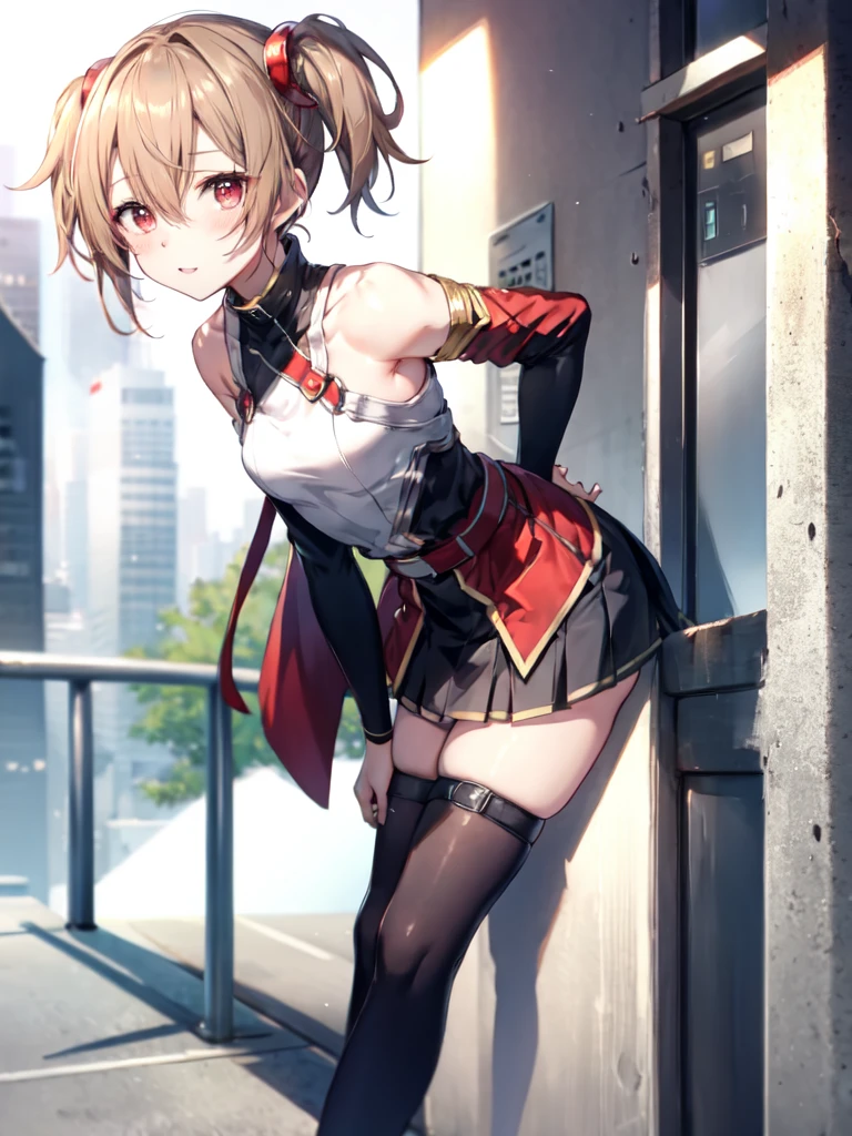 1girl, solo, huge breasts, red laced bra, white see-through blouse, bra peek, bent over viewer, red eyes, violet skirt, panties peek, black cross-laced boots, ultra detailed, best quality, highest resolution
