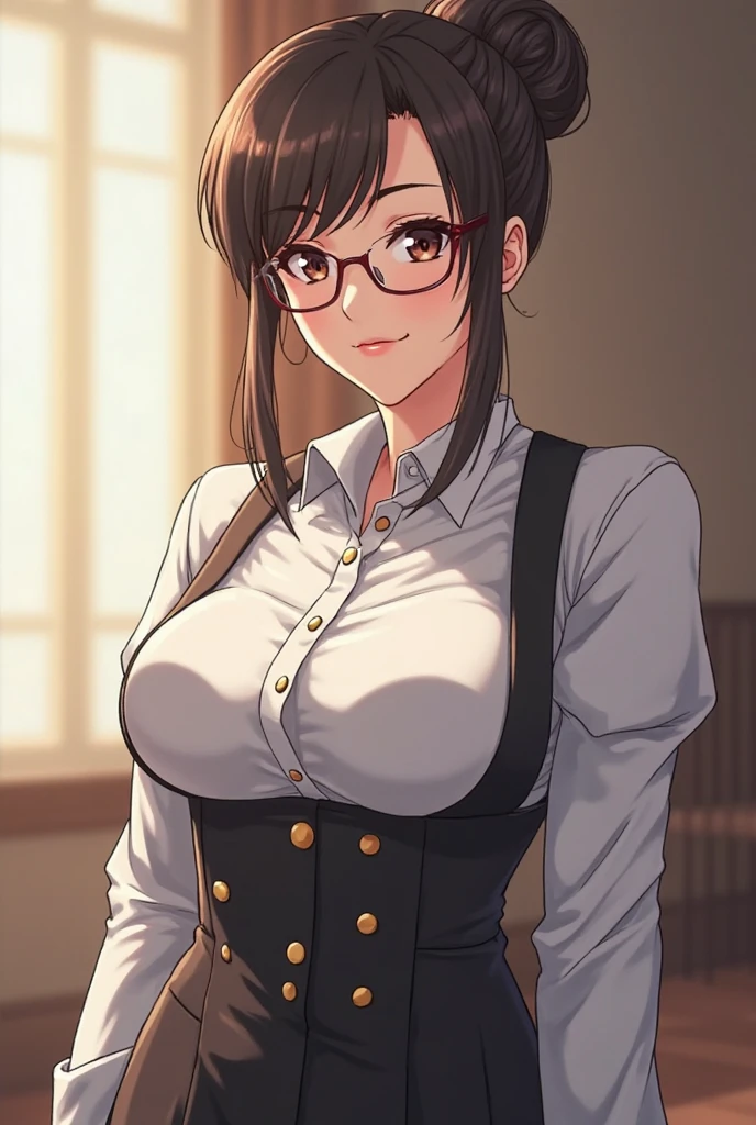 1 female,12 years old,brown hair,beautiful low ponytail hairstyle, (High-waisted skirt:1.3),, (knit), (double breasted,under bust:1.2), short sleeve, button gap,natural smile,,frameless eyeglasses,