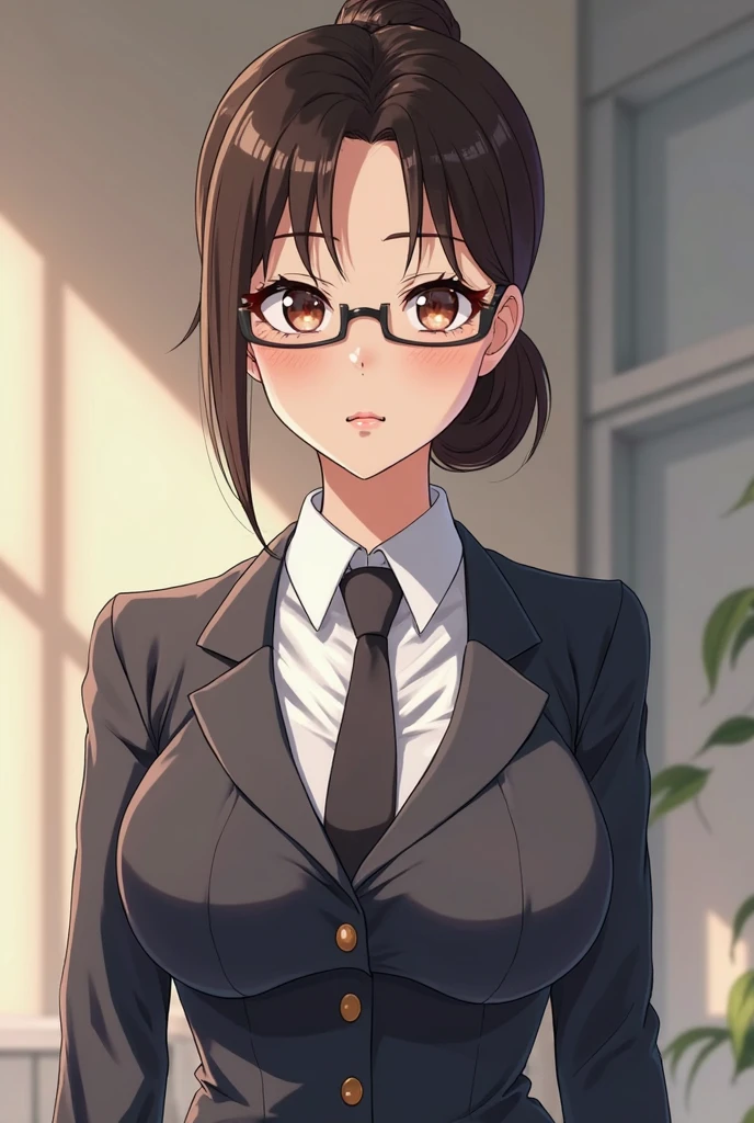 ponytail,(((Cleavage))), ((((((teacher, adult woman)))))), (((solo))), brown hair, suit, shirt, (((look down))), angry, whip, brown skirt, Slender