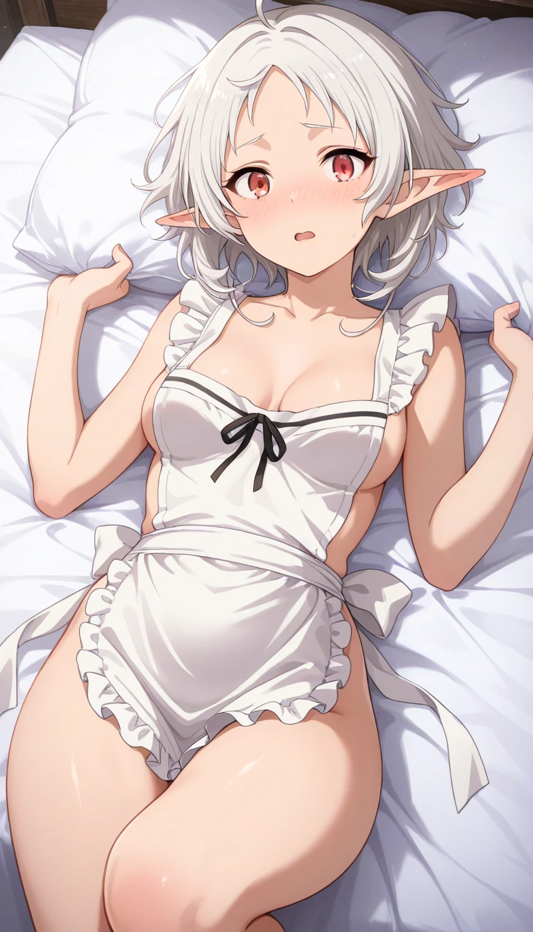 beautiful, masterpiece, Highest quality, anime, One girl, C Cup,Portrait Shot, View your viewers, Covered、Medium Hair、nearby、Blue Eyes、art、、White hair,Blue streaked hair、wallpaper、Cute smile、Thighs、Cute、bed、Beautiful breasts、Full Harness、valley、Lying on your back、Maid Bikini、Armpit