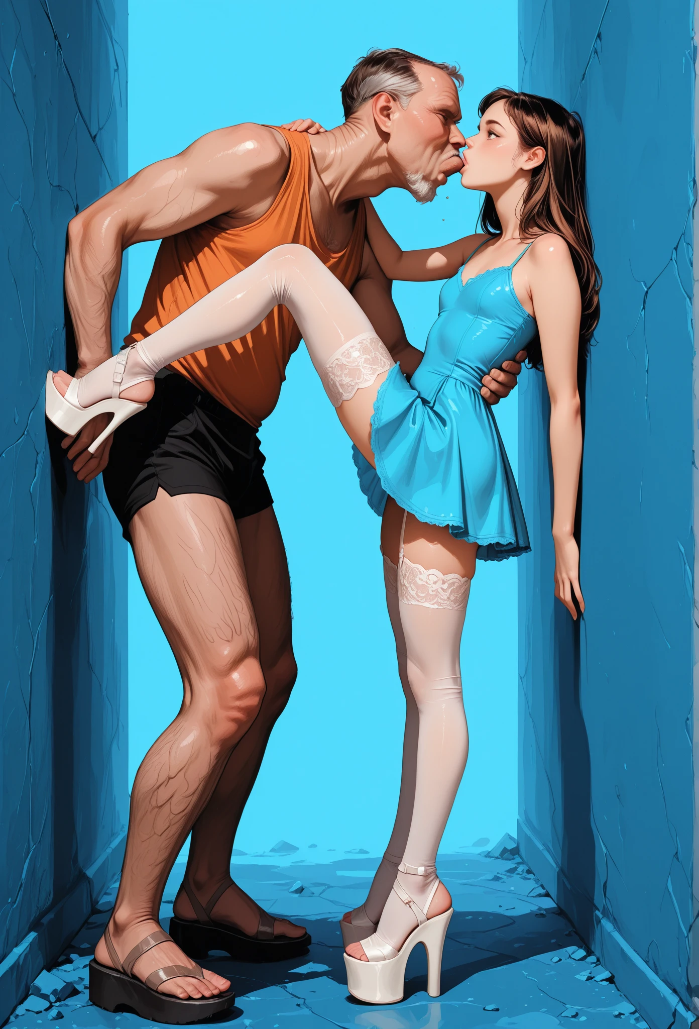 1 man 1 girl Manga comic sensual brunette girl Straight loose hair, blue eyes wet white t-shirt, black tabled skirt In a sensual pose, she teach self defense knee with a woden dummy (bigboob big ass) (wet t-shirt) (highly detailed) (concept art) (manga) (anime) (draw) (face anime detailed) (comics)