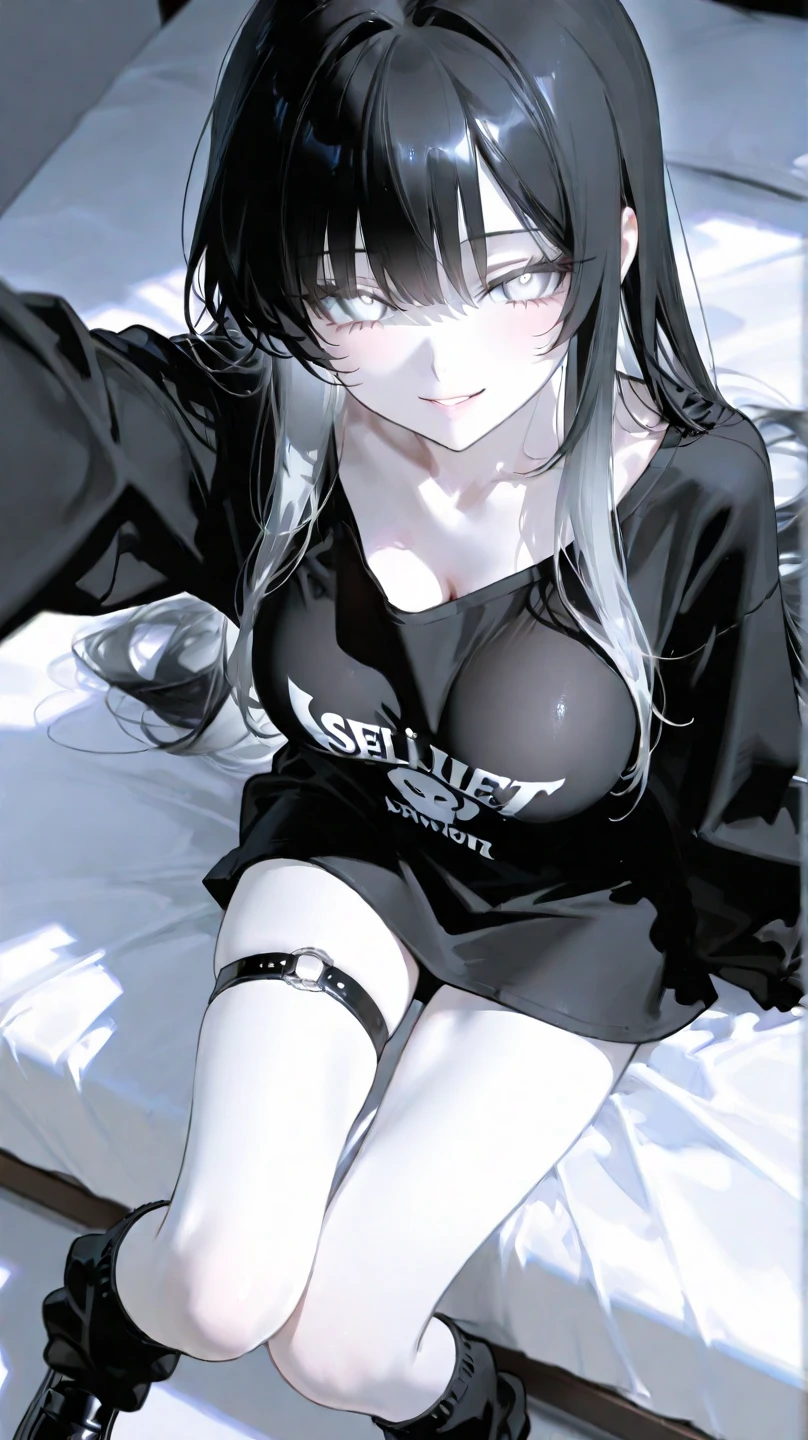 Lonely、ill、A girl looking down in despair、emptiness、alone、Looking down、Dark feeling、Hollow Eyes、、Wearing a plain black loose fitting T-shirt、tears、Black-haired woman, , Masami Kurumada Style, inspired by Yukihiko Yasuda,