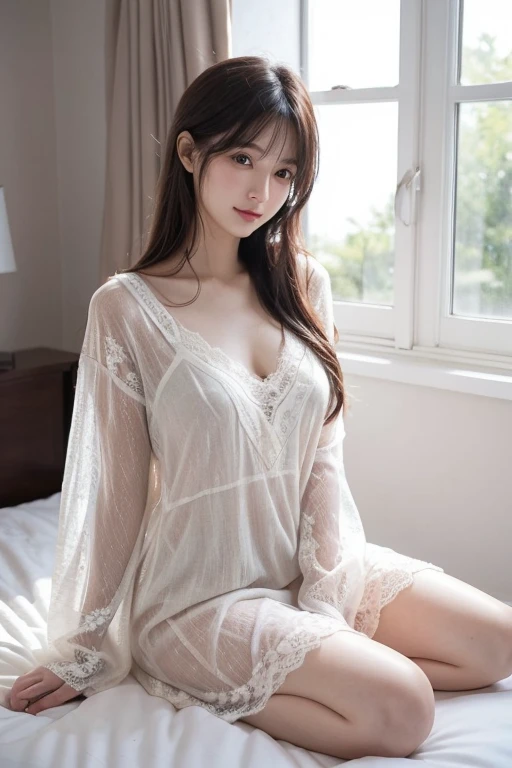 Innocent 、(Wearing pajamas)、Sitting in the room、A Smile、Raw foto, (8K、Top Quality、masterpiece:1.2)、(delicate detail:1.4)、(Photorealcitic:1.4)、octan render、Complex 3D rendering, Ultra-detail, Studio Soft Light , Rim Light, vibrant details, Super detailing, Realistic Skin Textures, Detail Face, Beautiful detail eyes, Highly detailed CG Unity 16k wallpapers, Makeup-, (detailed background:1.2), shinny skin、turned around、exposed thighs!!!、