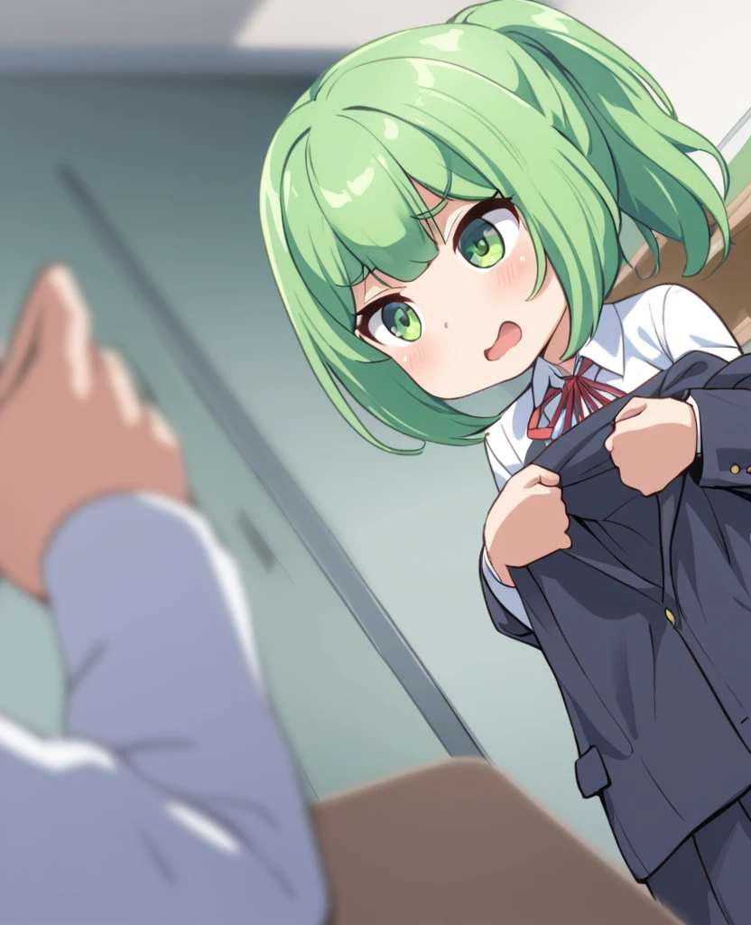 alone, One girl, Frightened、Flat Color,Green Hair,Split seat、ponytail、suit、skirt、skirt,Big Breasts、Clitoris exposure、underwear、Crotch、Bare your chest、、Random sexy poses、2D, anime, anime coloring, ako suminoe, Ascot, View Viewer NSFW、One female、Nipples、(Embarrassing:1.2) 、Nipples、Ahegao、I arch my back in pleasure、Pussy feels good、Falling into Pleasure、Ahegao、I arch my back in pleasure、Pussy feels good、